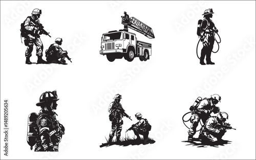 vector silhouettes of people. firefighter, silhouette, rescue, emergency, uniform, helmet, hose, truck, team, danger