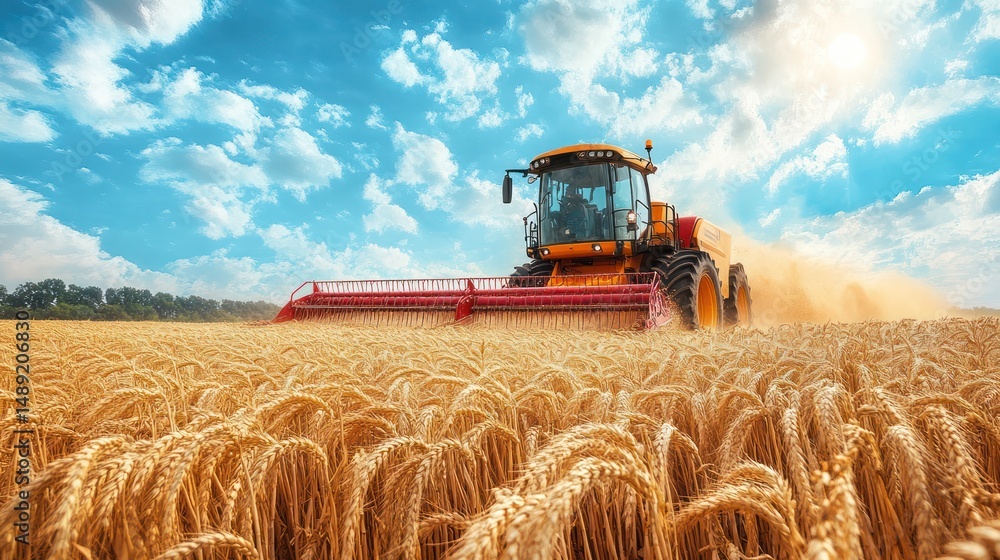 Fototapeta premium Golden Wheat Field Harvesting with Modern Combine Harvester Under Sunny Sky