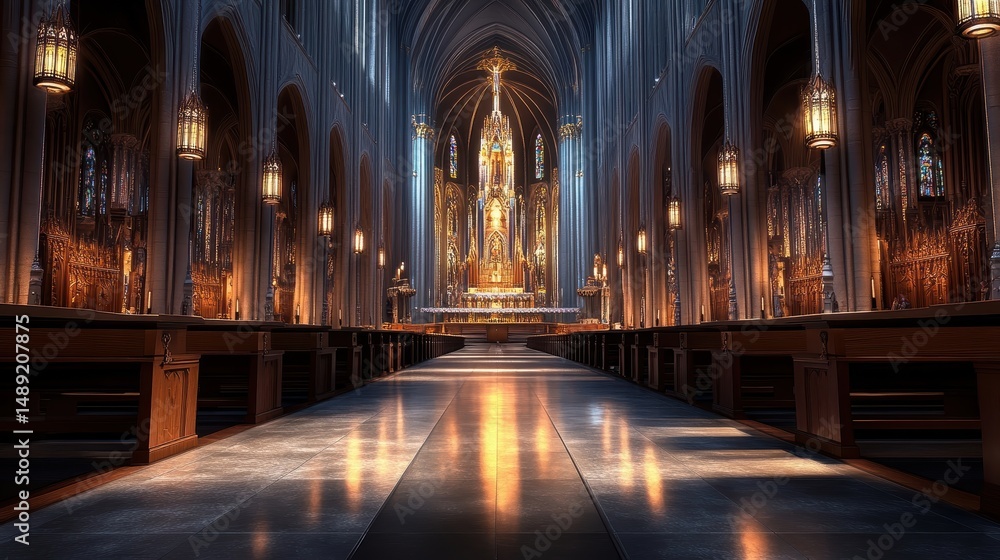 Fototapeta premium A wide-angle view of a cathedrals grand altar, with rows of pews leading up to a majestic focal point.