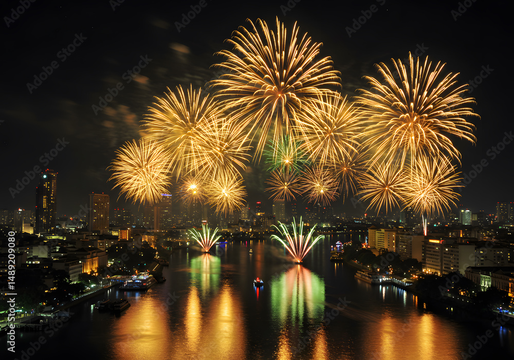 Fototapeta premium Colorful fireworks over city river