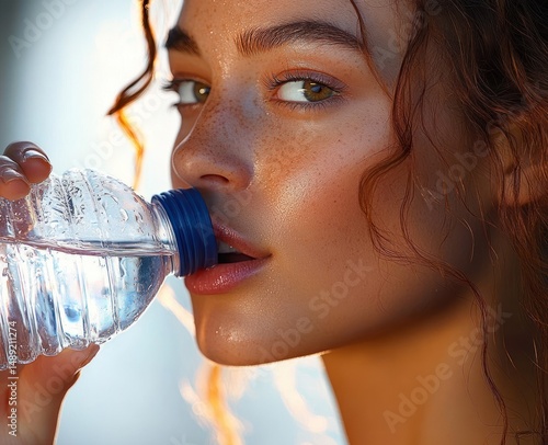 close-up of young woman with curly hair and freckles drinking water from plastic bottle with sunlight highlighting her glowing skin