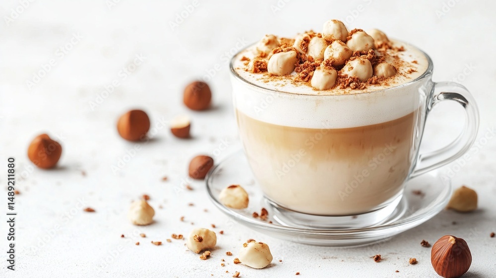 Hazelnut latte art in glass cup with nuts scattered on white background Hazelnut latte art in glass cup with nuts scattered on white background