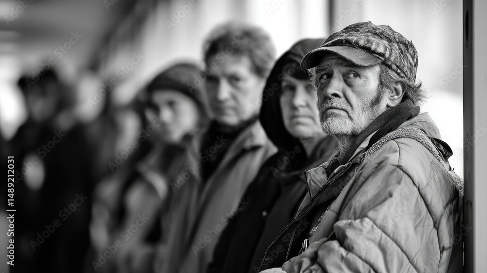 Naklejka premium A group of individuals waiting in a line, showcasing a range of expressions, in a dimly lit urban setting with blurred figures in the background, highlighting themes of patience and resilience