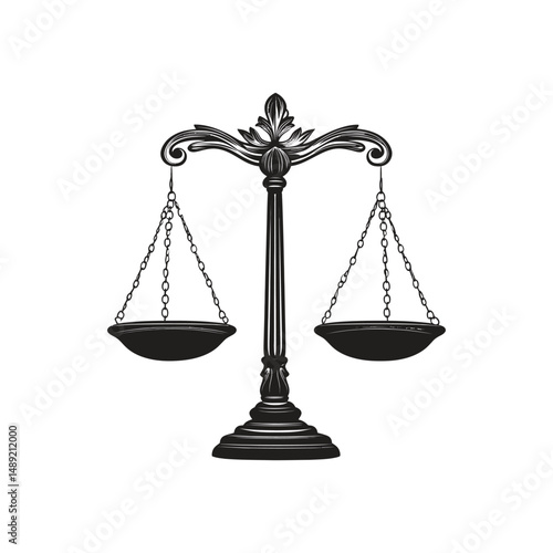 Ornate balance scale shows justice and legal concept in striking black against transparent background