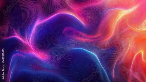 Abstract flowing waves of neon light in purple, blue, pink, and orange colors with fine contour lines creating a sense of motion and energy