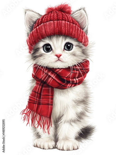 Cute Fluffy Kitten Illustration with Red Winter Hat and Plaid Scarf