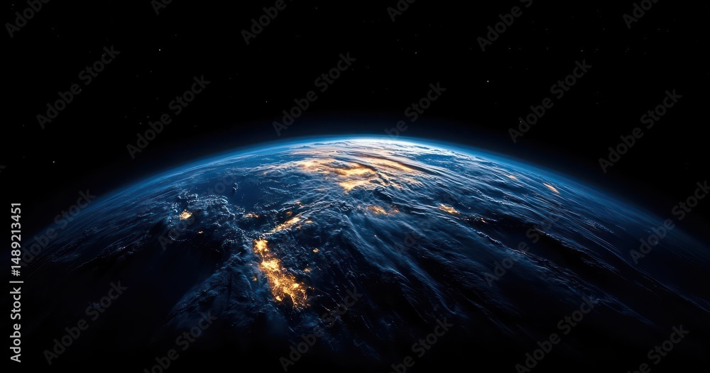 Obraz premium View of Earth from space at night showing illuminated city lights and cloud cover with a glowing horizon against a dark starry background