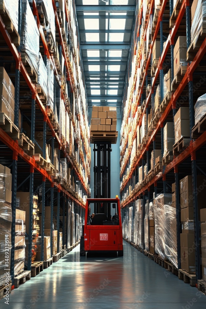 Naklejka premium Red forklift lifting stacked cardboard boxes in a brightly lit warehouse aisle with tall shelves filled with pallets and packages