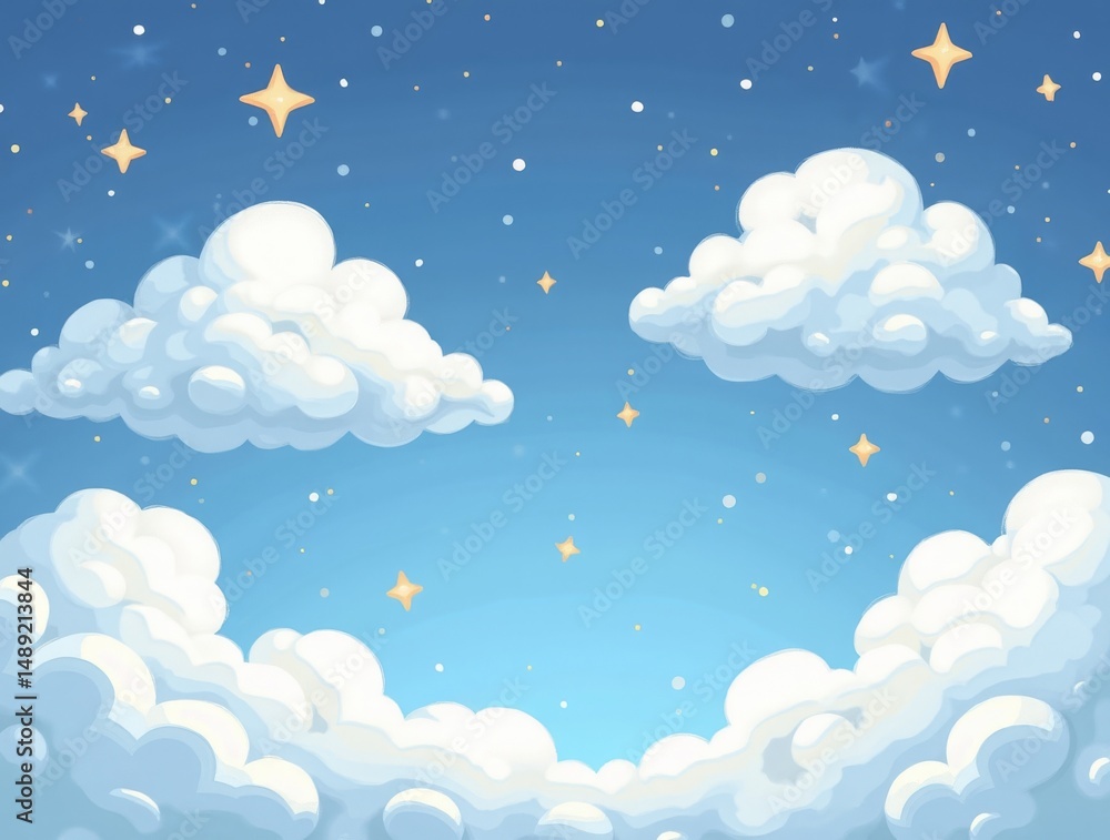 Sweet doodle clouds and stars, fluffy and dreamy, floating in a magical sky Sweet doodle clouds and stars, fluffy and dreamy, floating in a magical sky
