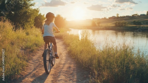 Child riding bicycle along river at sunset summertime outdoor activity