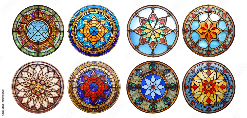 Colorful Stained Glass Windows with Intricate Designs and Patterns, Isolated on Transparent, white background Colorful Stained Glass Windows with Intricate Designs and Patterns, Isolated on Transparent, white background