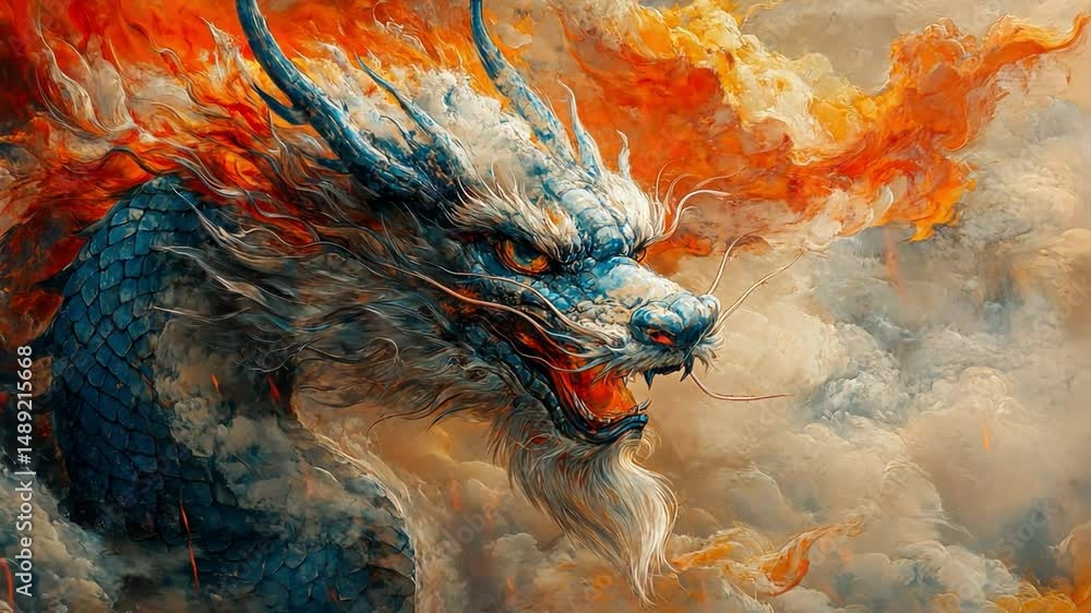 Dragon in the Clouds: A majestic blue and white dragon with a fiery ...