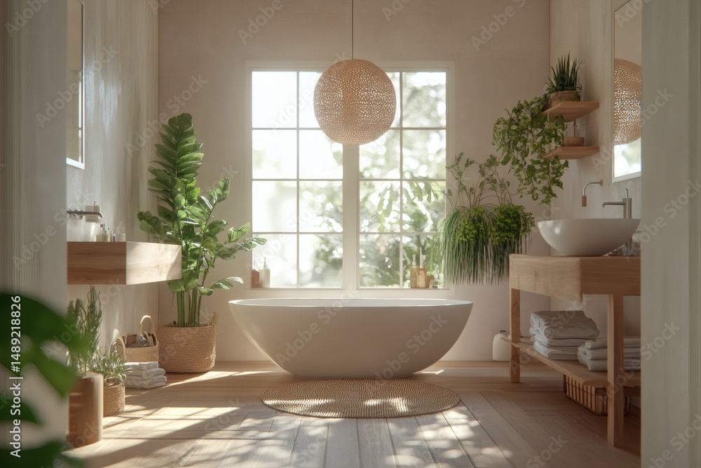Fototapeta premium Elegant bathroom with white and beige walls, white basin with oval mirror, bathtub, shower, plants, and dark parquet floor. Modern minimalist bathroom.