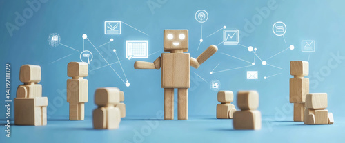 Three groups of individuals are linked by lines. Coordination and knowledge exchange. Outsourcing. Business model of teams. Self-organizing structure innovation. High autonomy of company teams.