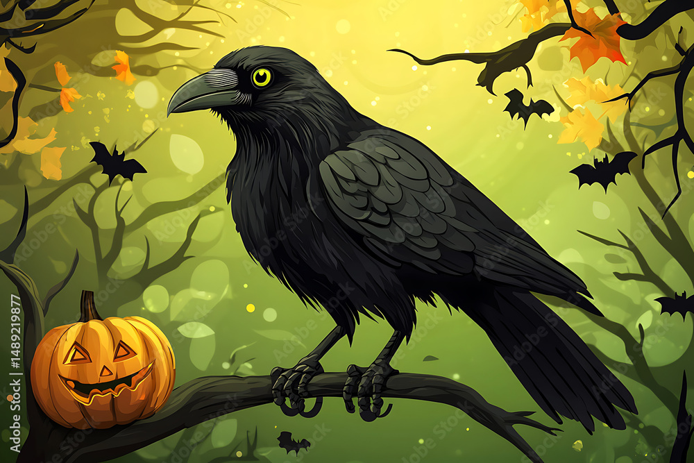 A black raven perched on a branch beside a carved pumpkin in a spooky autumn forest setting A black raven perched on a branch beside a carved pumpkin in a spooky autumn forest setting