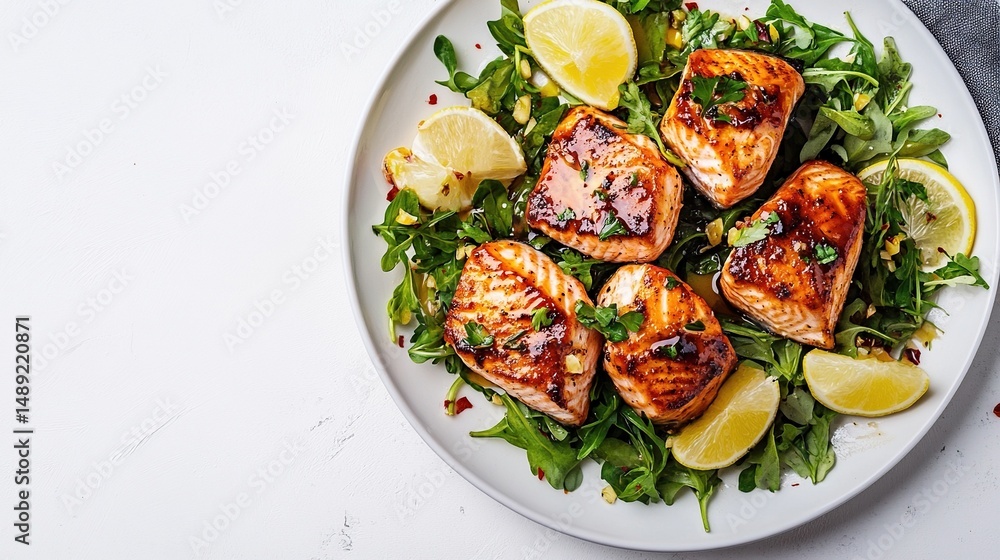 Glossy salmon pieces sit atop a bed of greens, garnished with lemon wedges Glossy salmon pieces sit atop a bed of greens, garnished with lemon wedges