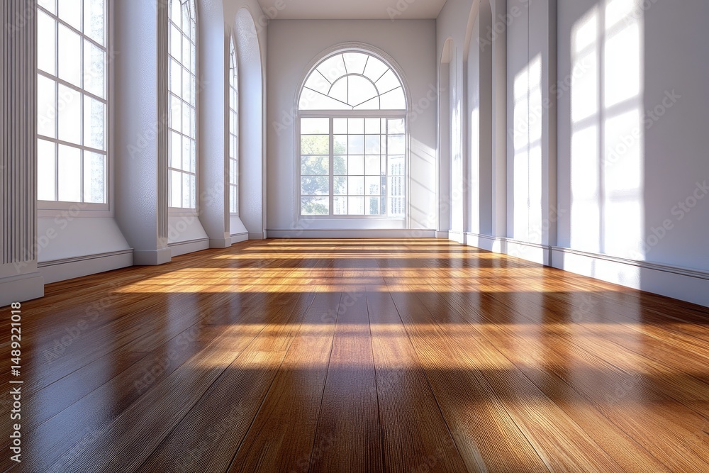 Obraz premium Sunlight streams into a spacious, elegant hallway