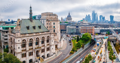 Photography Historic London building near Blackfriars Bridge with city skyline, roads, and t
