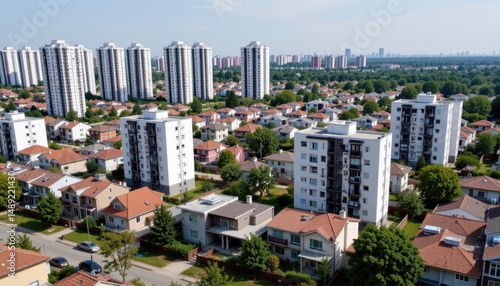 Aerial View of Modern Urban Neighborhood with Residential Buildings and Skyscrapers on Sunny Day
