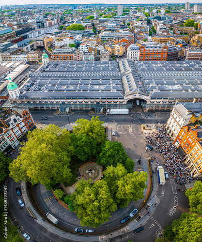 Canvas Print Aerial view of Smithfield Market in London, featuring historic architecture, cit