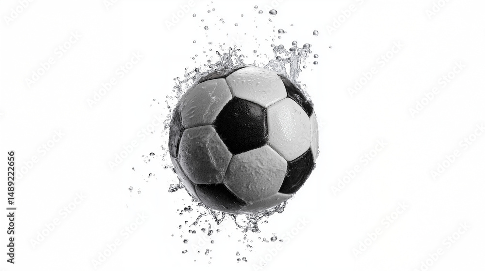 Naklejka premium Classic Leather Soccer Ball Spinning in Water Droplets with Stadium Lights