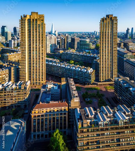 Colorful aerial view of London's Barbican Estate with high-rise buildings, modern architecture, and city skyline under a blue sky