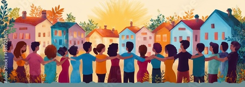Diverse group of people standing arm in arm facing colorful houses at sunrise, symbolizing community and unity in a vibrant neighborhood