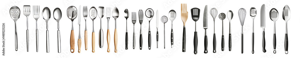 Fototapeta premium Assorted Kitchen Utensils and Tools for Cooking and Baking Needs, Isolated on Transparent, white background