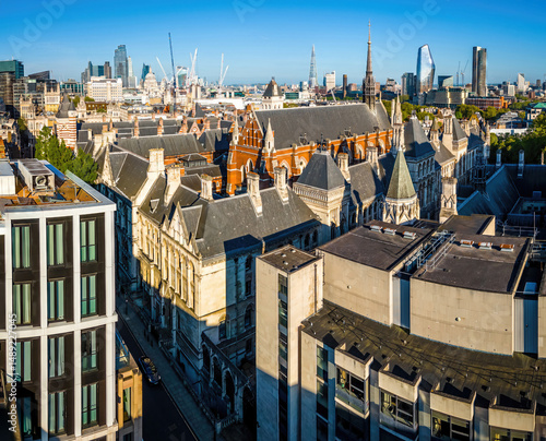 Aerial view of the historic Royal Courts of Justice in London's legal district on a clear day