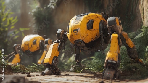Small yellow robots exploring lush greenery