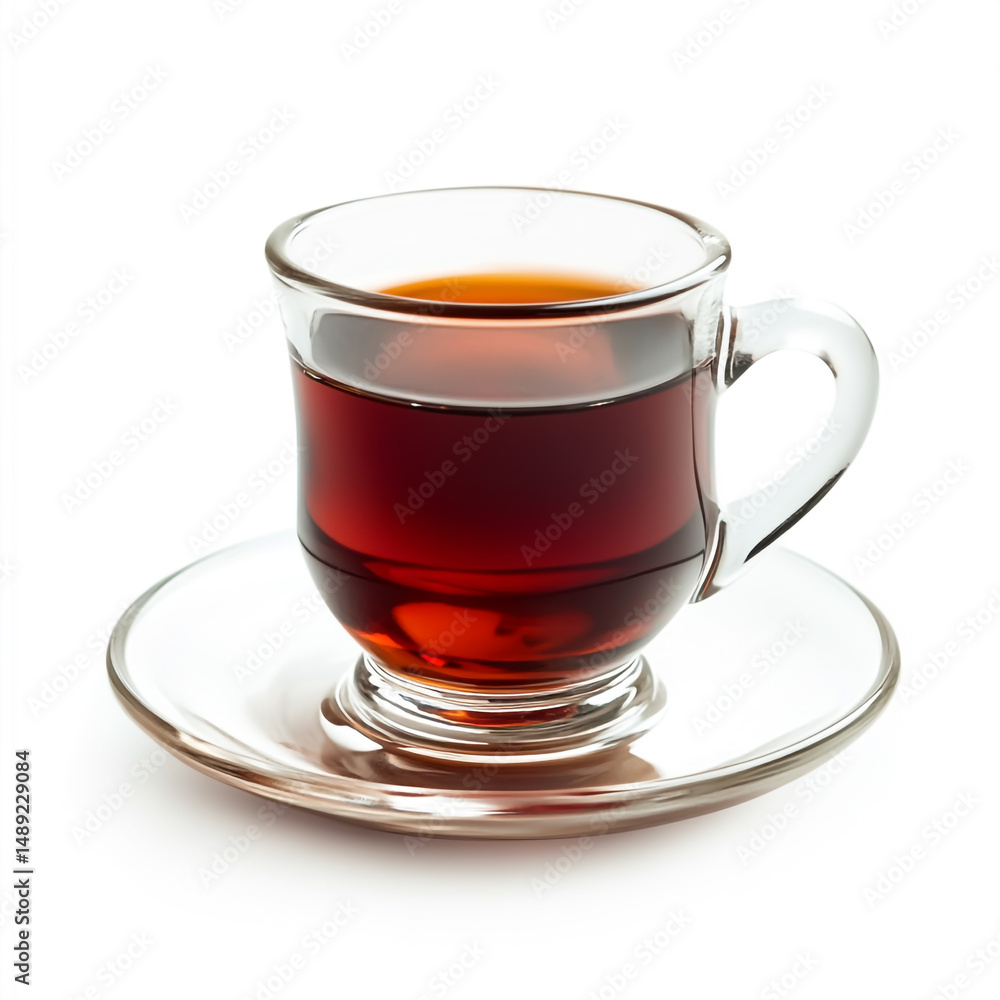 Photo of Turkish black tea in a glass cup with a saucer on a white background Photo of Turkish black tea in a glass cup with a saucer on a white background