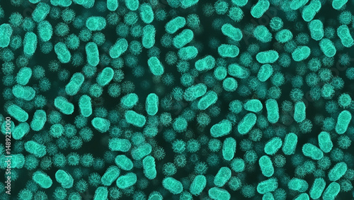 Microscopic view of numerous bacteria.  Dark teal and light teal cells on a dark background