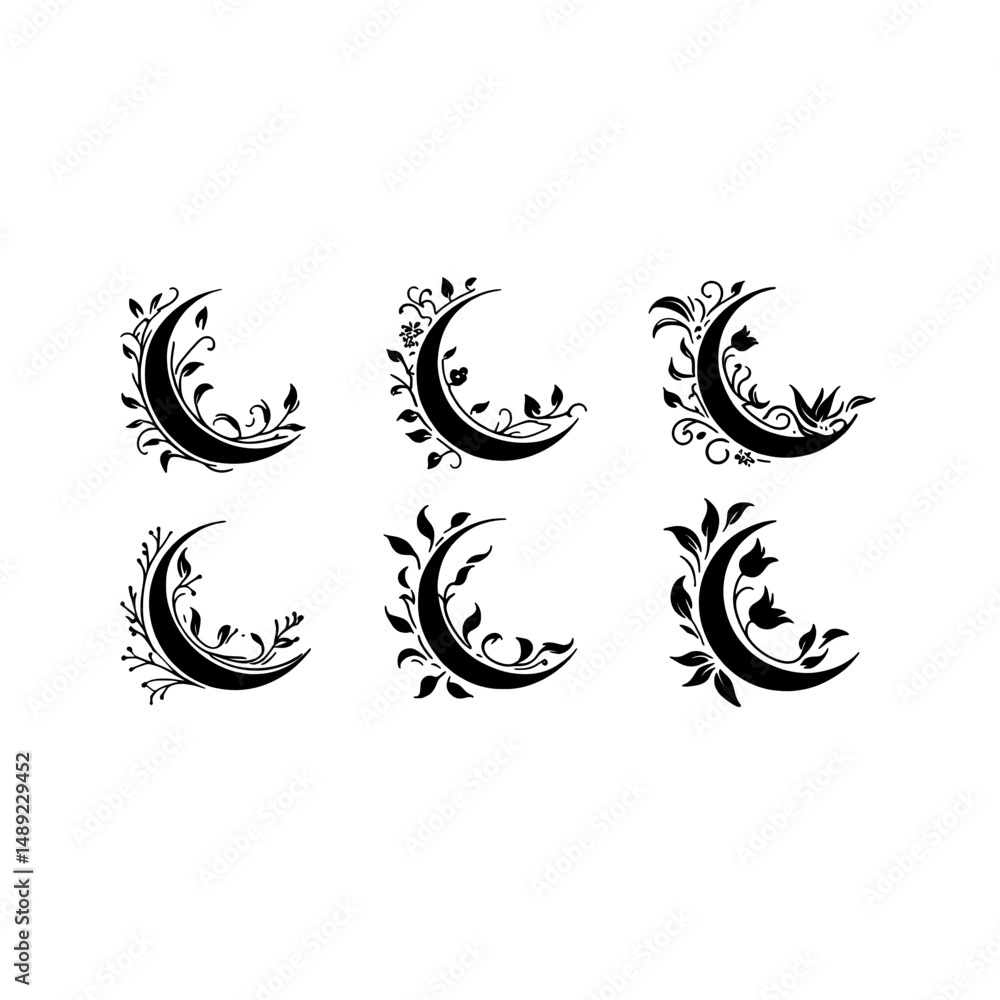 Obraz premium Black Crescent Moon with Ornamental Floral Style