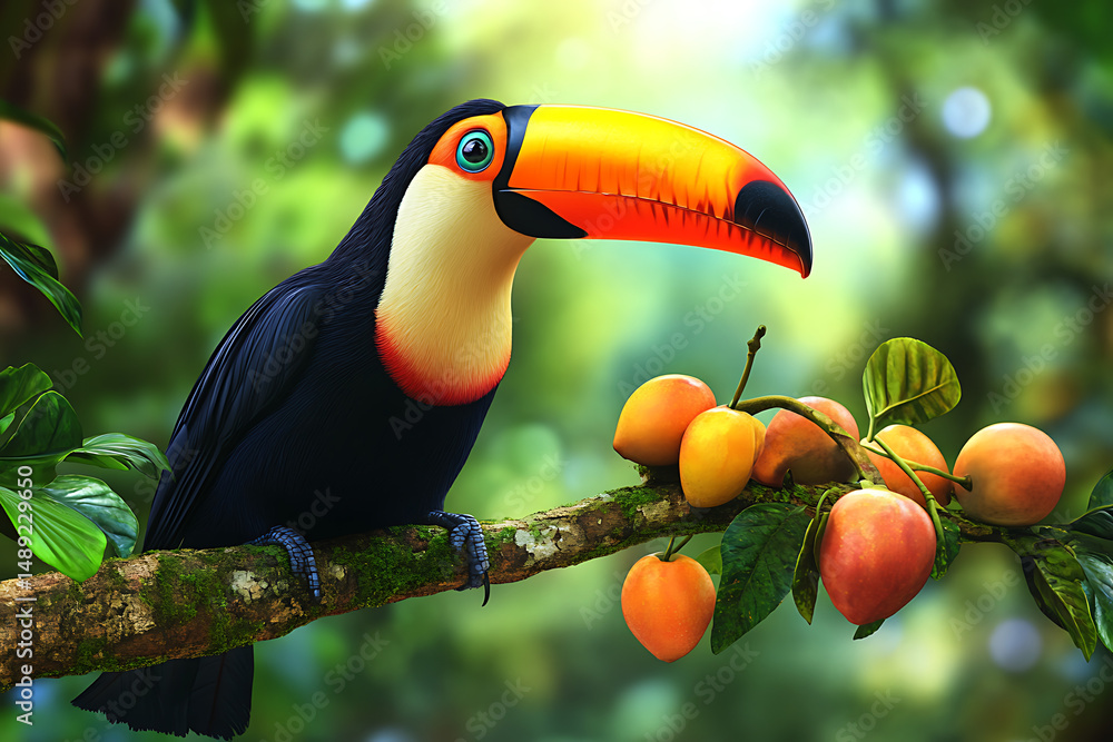Fototapeta premium A vibrant toucan perched on a branch surrounded by ripe fruits in a lush tropical forest