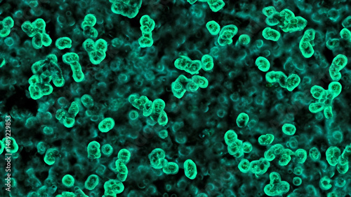 Abstract microscopic image of vibrant teal-colored cells or bacteria, with a dark background