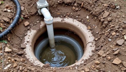 Water Well and Pump Installation in Ground with Circular Structure and Pipe System