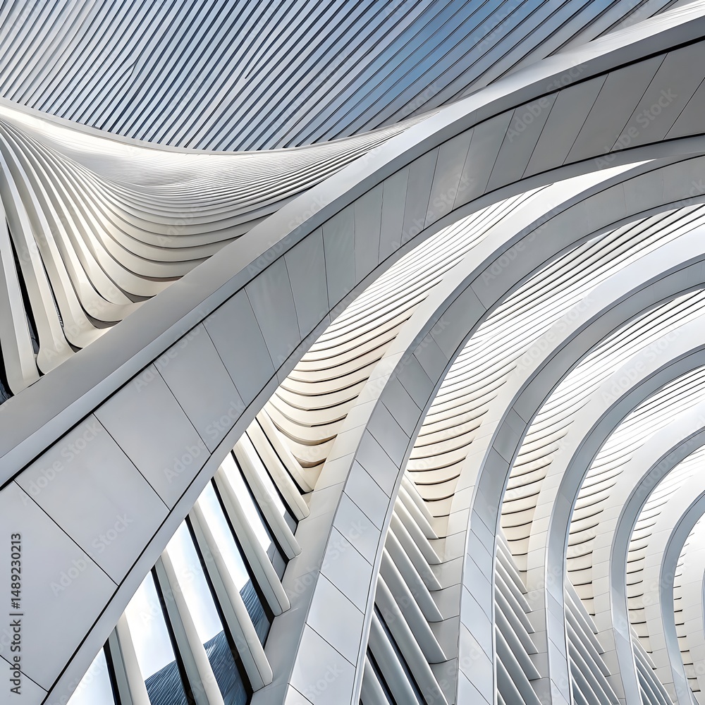 Naklejka premium “Futuristic white architectural arches curving upward in rhythmic, wave-like layers.”