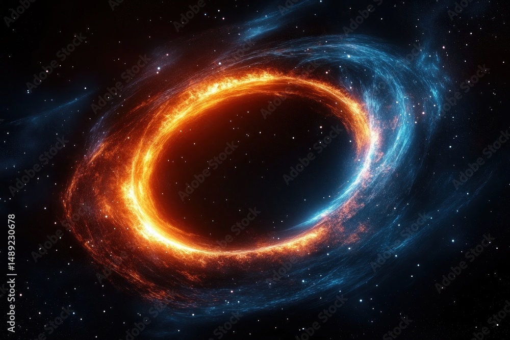 Bright fiery glowing ring surrounded by swirling blue cosmic gases and stars in deep outer space Bright fiery glowing ring surrounded by swirling blue cosmic gases and stars in deep outer space