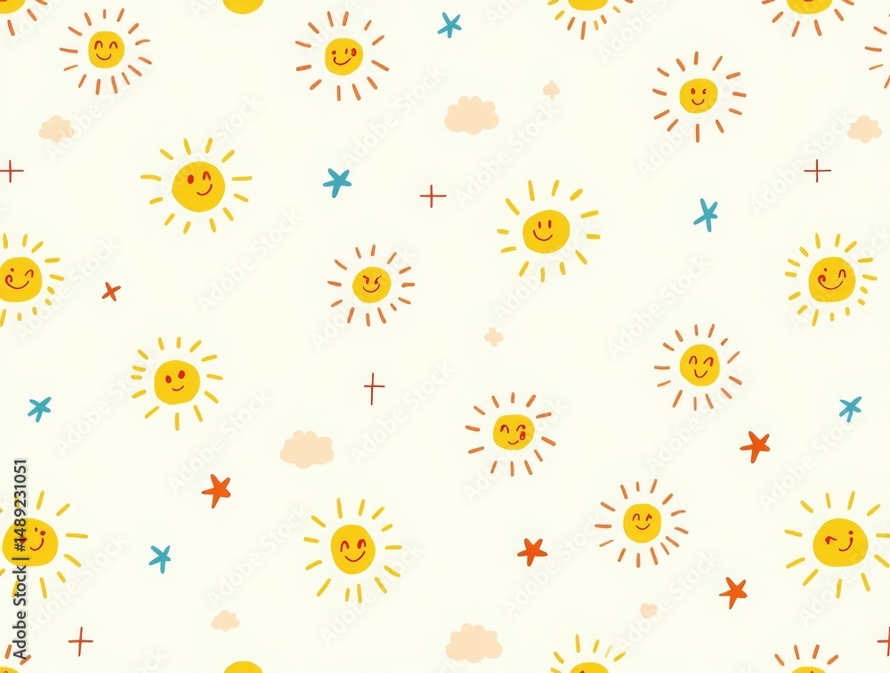 Obraz premium A fun doodle-style pattern featuring tiny happy characters, including smiling suns, stars, and clouds, drawn in a quirky and colorful style