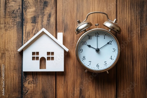 Wallpaper Mural Small white wooden house model beside vintage silver alarm clock showing 10:10 on wooden surface Torontodigital.ca