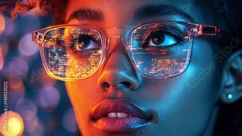 Vision of Tomorrow: A close-up of an individual's face with glasses reflecting a digital cityscape. Reflecting insight into the future. 