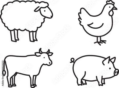 家畜動物、食肉用動物のアイコンベクター