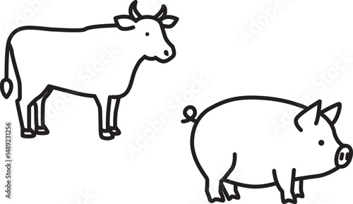 家畜動物、食肉用牛豚のアイコンベクター