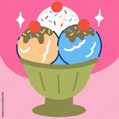 Delicious Three-Scoop Ice Cream Sundae with Cherries