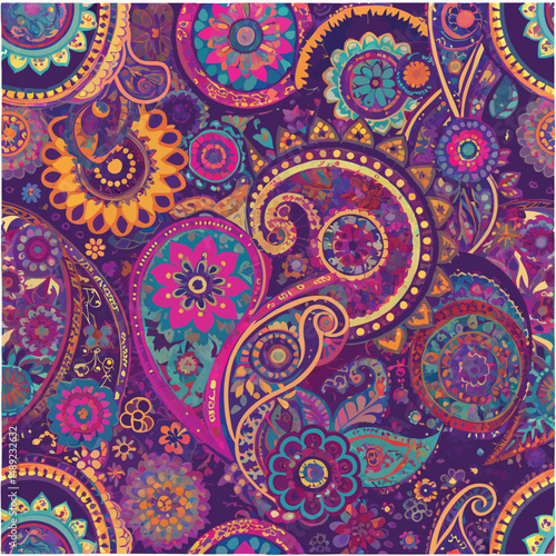 Ornamental Paisley and Flower Motif – A richly decorated seamless vector design featuring curling paisley elements with stylized lotus and daisy flowers.