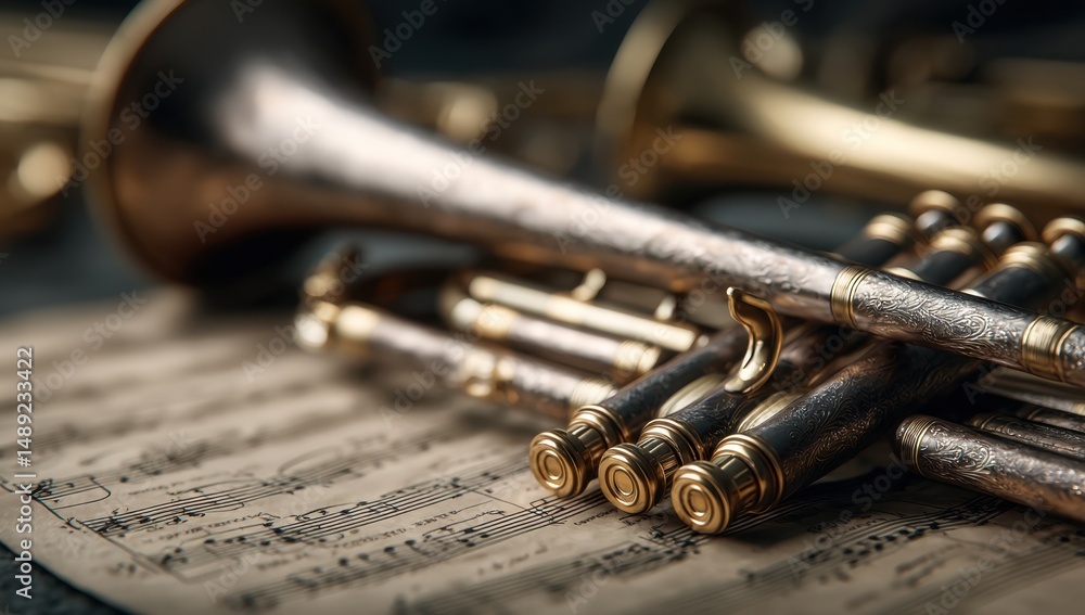 Obraz premium Trumpets lying on sheet music background