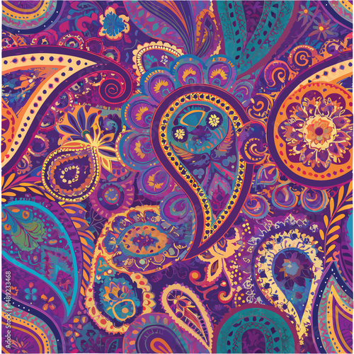 Colorful Paisley Botanical Print – Vivid floral paisley shapes in a multicolor palette, forming a vibrant, joyful repeating surface.
