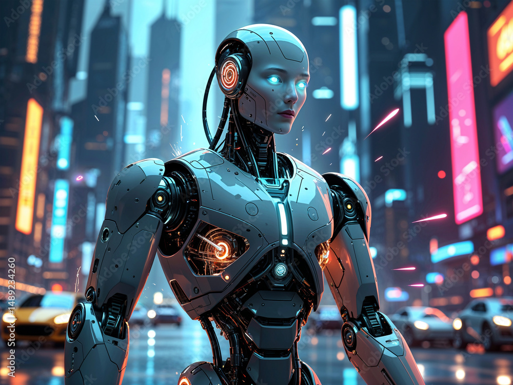 Futuristic Humanoid Robot Standing in a Neon Cityscape Futuristic Humanoid Robot Standing in a Neon Cityscape