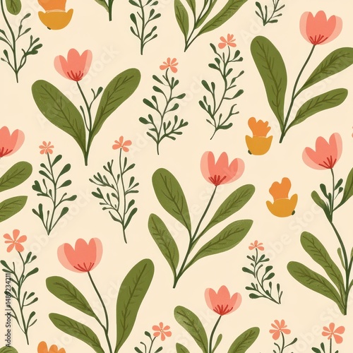 Wallpaper Mural seamless pattern of simple stylized pink and orange flowers with green leaves on light beige background Torontodigital.ca