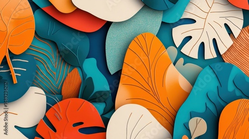 Vibrant teal, orange, and cream paper leaves create a layered, textured pattern. Glittering gold accents add sparkle.  The design is flat lay and digitally enhanced.